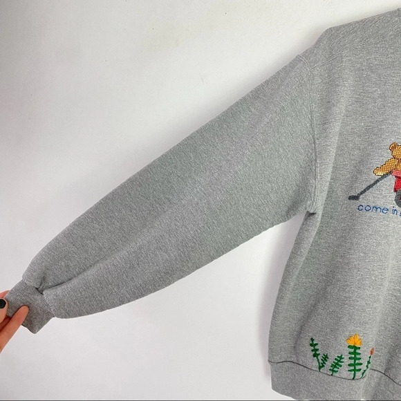 Vintage 90s Handmade Cross Stitch Nerdy Crewneck Pullover Sweatshirt Medium Gray - Picture 6 of 13